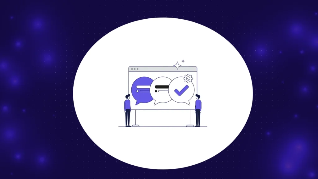 BDD testing tools concept, two teammates agreeing on shared scenario speech bubbles ending in a checkmark